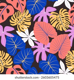 Abstract seamless tropical pattern with bright plants and leaves on a dark background. Summer colorful hawaiian seamless pattern with tropical plants. Colorful stylish floral.