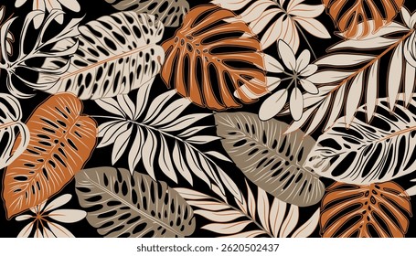 Abstract seamless tropical pattern with bright tropical leaves in brown tones. Canvas fabric texture vector background