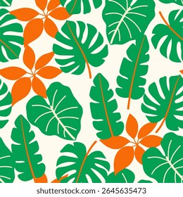 Abstrato padrão tropical sem emenda com plantas brilhantes e folhas em um fundo claro. Padrão exótico contínuo com plantas tropicais. Bela impressão com plantas florais desenhadas à mão.