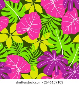 Abstract seamless tropical pattern with bright plants and leaves on a green background. Seamless pattern with colorful leaves and plants. Vector design. Jungle print. Floral background. 
