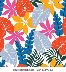 Abstract seamless tropical pattern with bright plants and leaves on a white background. Seamless botanical pattern with plants. Beautiful print with hand drawn floral plants.