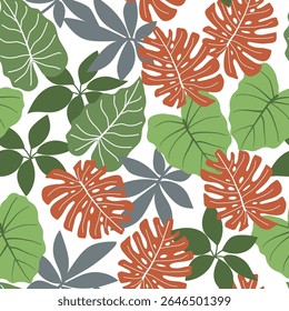 Abstract seamless tropical pattern with bright plants and leaves on a delicate background. Botanical leaf seamless vector floral pattern background. Tropical botanical.