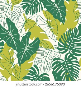 Abstrato padrão tropical sem emenda com plantas brilhantes e folhas em um fundo verde.Projeto vetor. Impressão de selva. Fundo floral.  Padrão perfeito com folhas e plantas coloridas.