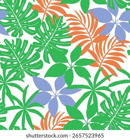 Abstractas patrón tropical sin fisuras con plantas brillantes y hojas sobre un fondo claro. Patrón exótico sin fisuras con plantas tropicales. Diseño de Vector. Estampado de la selva. Fondo floral. 