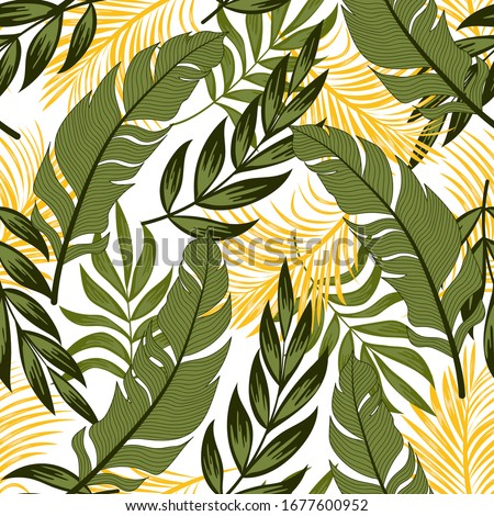 Abstract seamless tropical pattern with bright leaves and plants on a soft background. Modern abstract design for fabric, paper, interior decor. Vintage pattern.