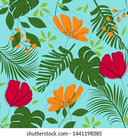 Abstract seamless tropical pattern with colorful leaves, plants and flowers on a light background. Vector design. Jungle print. Floral background. Printing and textiles. Exotic tropics. Summer.