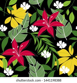 Abstract seamless tropical pattern with colorful leaves, plants and flowers on black background. Vector design. Jungle print. Floral background. Printing and textiles. Exotic tropics. Summer.