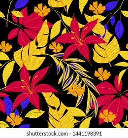 Abstract seamless tropical pattern with colorful leaves, plants and flowers on black background. Vector design. Jungle print. Floral background. Printing and textiles. Exotic tropics. Summer.