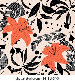 Abstract seamless tropical pattern with colorful leaves, plants and flowers on beige background. Vector design. Jungle print. Floral background. Printing and textiles. Exotic tropics. Summer.