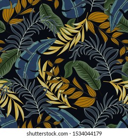 Abstracta un patrón tropical sin fisuras con coloridas plantas azules y verdes y hojas sobre fondo oscuro. 
 Hermoso patrón floral vectorial sin fisuras. Diseño abstracto moderno para tejidos, papel, interiores