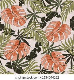Abstract seamless tropical pattern with colorful orange and green plants and leaves on pastel background. Seamless exotic pattern with tropical plants. Colorful stylish floral.