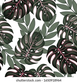 Abstract seamless tropical pattern with colorful plants and leaves on a delicate background. 
Beautiful print with hand drawn exotic plants. Trendy summer Hawaii print.