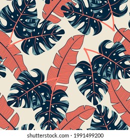 Abstract seamless tropical pattern with colorful plants and leaves on a beige background. Trendy summer Hawaii print. Colorful stylish floral.