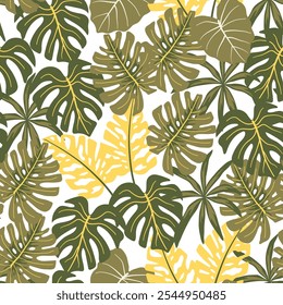 Abstract seamless tropical pattern with colorful plants and leaves on white background. Seamless exotic pattern with tropical plants. Beautiful seamless vector floral pattern.