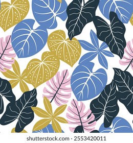 Abstract seamless tropical pattern with colorful plants and leaves on a delicate background. Seamless botanical pattern with plants. Summer colorful hawaiian seamless pattern with tropical plants.