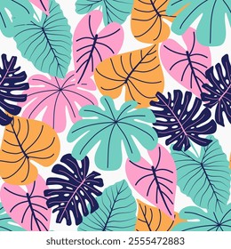 Abstract seamless tropical pattern with colorful plants and leaves on pastel background. Summer colorful hawaiian seamless pattern with tropical plants. Summer colorful hawaiian.