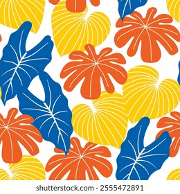 Abstract seamless tropical pattern with colorful plants and leaves on a bright background. Beautiful seamless vector floral pattern. Beautiful print with hand drawn floral plants.