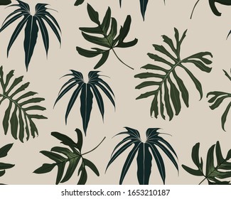 Abstract seamless tropical pattern with dark colorful leaves on vintage background. Seamless exotic pattern with tropical plants. Exotic wallpaper. 