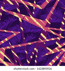 Abstract seamless tropical pattern with geometry elements and palm leaves. Grunge backdrop 