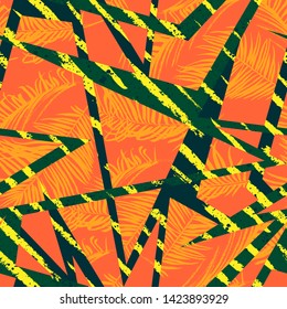 Abstract seamless tropical pattern with geometry elements and palm leaves. Grunge backdrop 