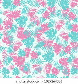 Abstract seamless tropical pattern for girl and boy. Creative vector tropical pattern, colorful wallpaper with branches ferns, tropical plants. Print summer exotic jungle plant, palm pattern leaves.