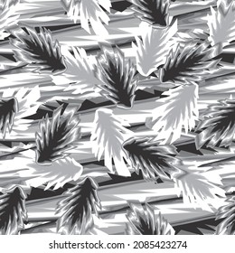 Resumen de patrones tropicales sin fisuras con plantas monocromáticas grises sobre fondo de onda abstracta. Patrón exótico sin foco con plantas tropicales. Papel de pared exótico. Impresión de verano de Hawái