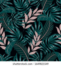 Abstract seamless tropical pattern with green and pink leaves and plants on a dark background. Trendy summer Hawaii print. Floral pattern. Printing with in hand drawn style. Jungle leaves.