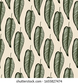 Abstract seamless tropical pattern with green colorful leaves on light background. Seamless exotic pattern with tropical plants. Exotic wallpaper. Trendy summer Hawaii print.
