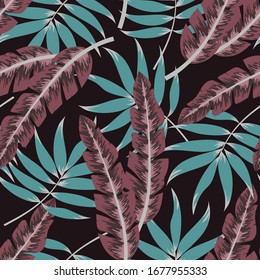 Abstract seamless tropical pattern with leaves and plants on a dark background. Trendy summer Hawaii print. Floral pattern. Printing with in hand drawn style. Jungle leaves.
