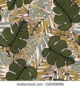 Abstract seamless tropical pattern with pastel green and beige plants and leaves. Exotic style. Fashionable print, pattern, textile, print, poster. Botanical flora. Hawaiian ornament.