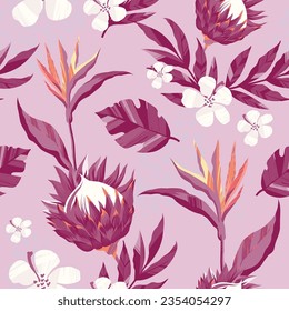 Abstract seamless tropical pattern with protea flowers, strelitzia, leaves. Wild floral repeat print. Monochrome blossom ornament
