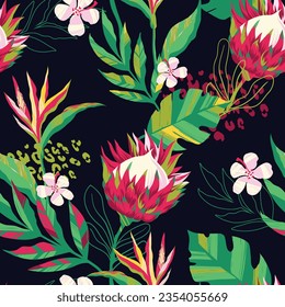 Abstract seamless tropical pattern with protea flowers, strelitzia, leaves, leopard skin on black background. Wild floral repeat ornament.