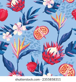 Abstract seamless tropical pattern with protea flowers, strelitzia, hibiscus, leaves, leopard skin spots on blue background. Wild floral repeat ornament.