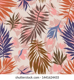 Abstract seamless tropical plants pattern. Hand drawn fantasy exotic sprigs with leopard skin background. Floral illustration made of herbal foliage leaves . Good for wallpaper, textile, fabric,