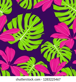 Abstract seamless tropical purple pattern with monstera leaves.