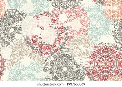 Abstract seamless turkish pattern with blots and an effect of attrition in retro colors. Shabby carpet from mandalas. Vector Background for ceramic tile, wallpaper, linoleum, textile, rug, web page