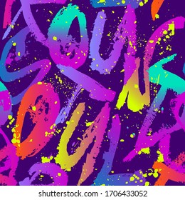 Abstract seamless typography pattern with hand drawn words Soul, Sound, Out. Grunge graffiti ABC repeat ornament. Colorful lettering repeating ornament for fashion, sport clothes, wrapping paper.