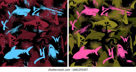 Abstract seamless underwater pattern for girls, boys, clothes. Creative background with sharks. Funny wallpaper for textile and fabric. Fashion style. Colorful bright.