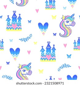 Abstract seamless unicorn pattern. Kids repeated ornament with castle, branch, butterflies, kids, pony. Fairytale cover print for kid textile, wrapping paper