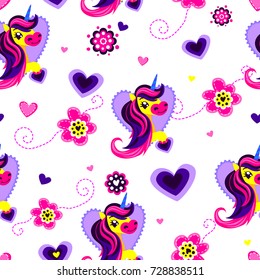 Abstract seamless unicorn pattern on white background with decorative colorful flowers, hearts. Funny childish repeated backdrop. Fantastic fairytale wallpaper for textile, clothes, wrapping paper