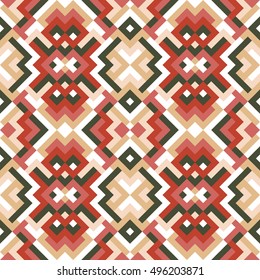 Abstract seamless universal pattern for design. Vector geometric background of triangles and squares in red and green colors. Texture for textile, clown, carpeting, warp, book cover, clothes 
