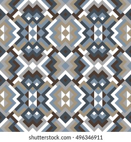Abstract seamless universal pattern for design. Vector geometric background of triangles and squares in blue and brown colors. Texture for textile, clown, carpeting, warp, book cover, clothes 