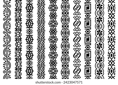 Abstract seamless universal vector vertical patterns. Abstract ornate geometric borders, frames, lace patterns with chained geometric design elements with black color, isolated on white background.