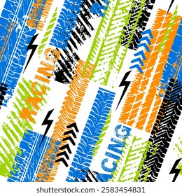 Abstract seamless urban background.  Chaotic grunge pattern with dots, shape, texture and tire tracks. Grunge sport design.