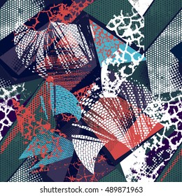 Abstract seamless urban background. Repeated backdrop for boys, girls, sport, fashion textile. Chaotic grunge geometric pattern with dots, shape, texture and triangles. Creative design.Original style.