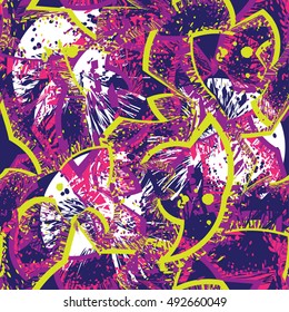 Abstract seamless urban background. Repeated paint backdrop for boys, girls, sport, fashion textile. Chaotic grunge pattern. Creative design. Colorful Wallpaper with Shape, ink, circles