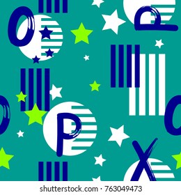 Abstract seamless urban pattern for boys, textile, clothes, wrapping paper. Colourful funny repeated backdrop. Alphabet wallpaper. Childish background with lines, rounds, stars, letters O, P, X.