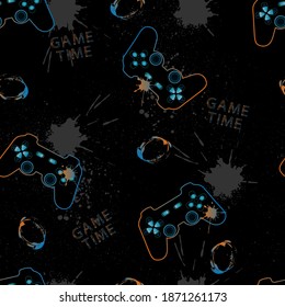 Abstract seamless urban pattern for guys with joystick, blots, spray and game time, text.