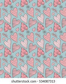 Abstract Seamless Valentine's Cute Pattern With Hearts, Flowers And Leaves
