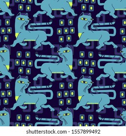 Abstract seamless vector animal pattern for girls, boys, clothes. Creative background with Cats, Funny wallpaper for textile and fabric. Fashion style. Colorful bright.